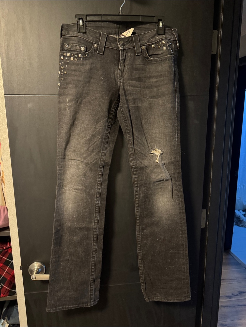 True Religion Women's Black Boot Cut Jeans with Stud Accents - Picture 1 of 2